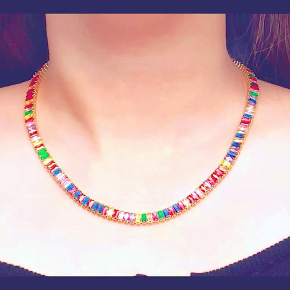 COPY - Pave Multiple Rainbow Rectangle Baguette Chain Link Gold Silver Chocker … - Picture 7 of 9